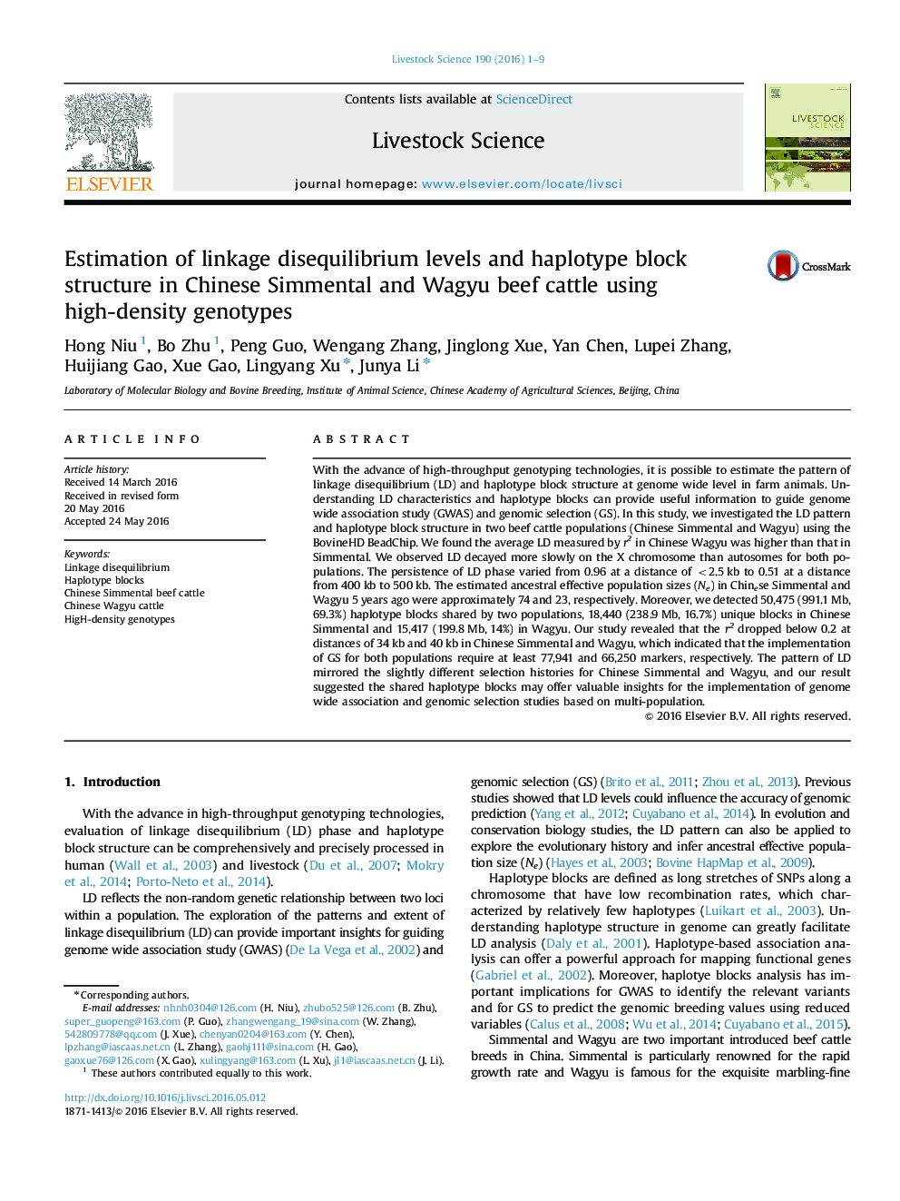 Estimation of linkage disequilibrium levels and haplotype block structure in Chinese Simmental and Wagyu beef cattle using high-density genotypes