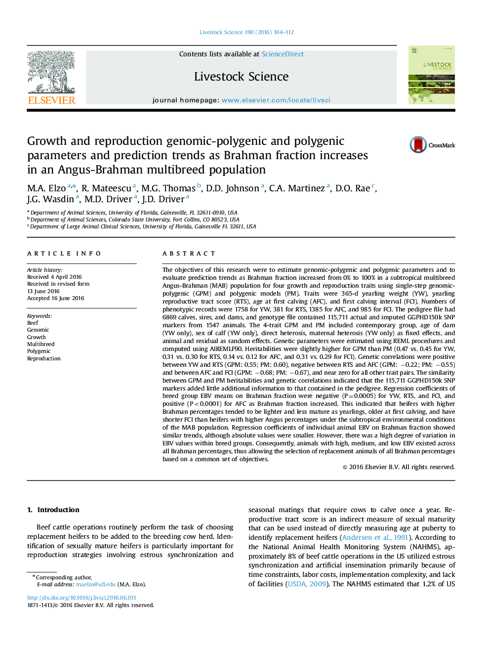 Growth and reproduction genomic-polygenic and polygenic parameters and prediction trends as Brahman fraction increases in an Angus-Brahman multibreed population