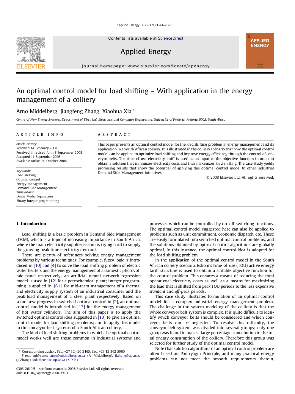 An optimal control model for load shifting – With application in the energy management of a colliery