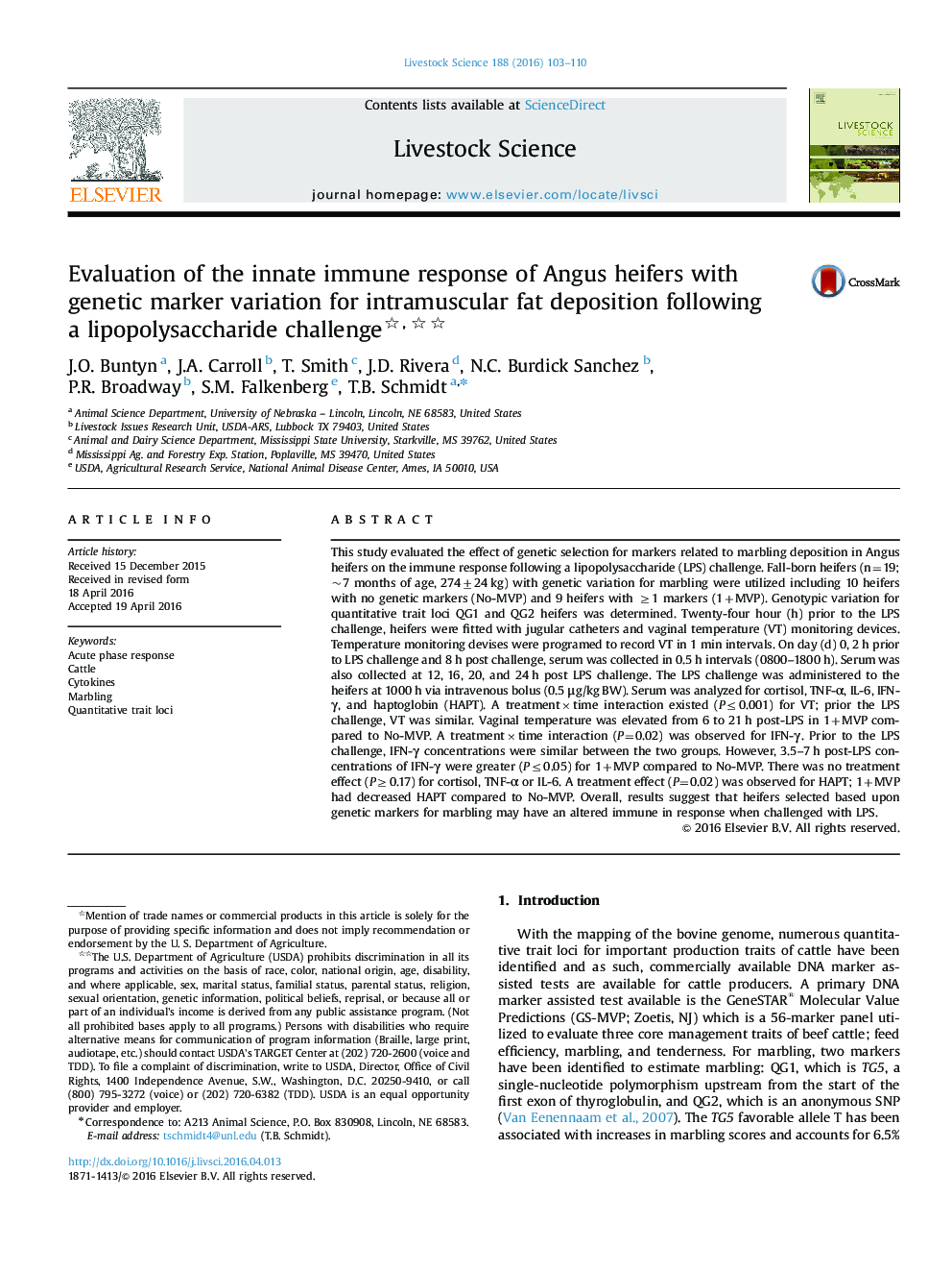 Evaluation of the innate immune response of Angus heifers with genetic marker variation for intramuscular fat deposition following a lipopolysaccharide challenge 