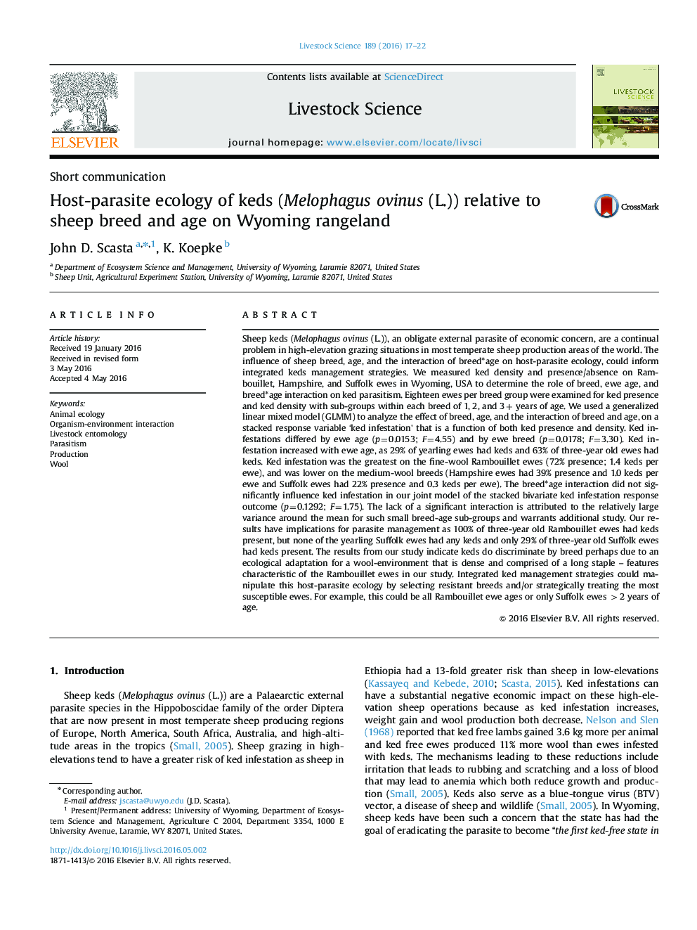 Host-parasite ecology of keds (Melophagus ovinus (L.)) relative to sheep breed and age on Wyoming rangeland