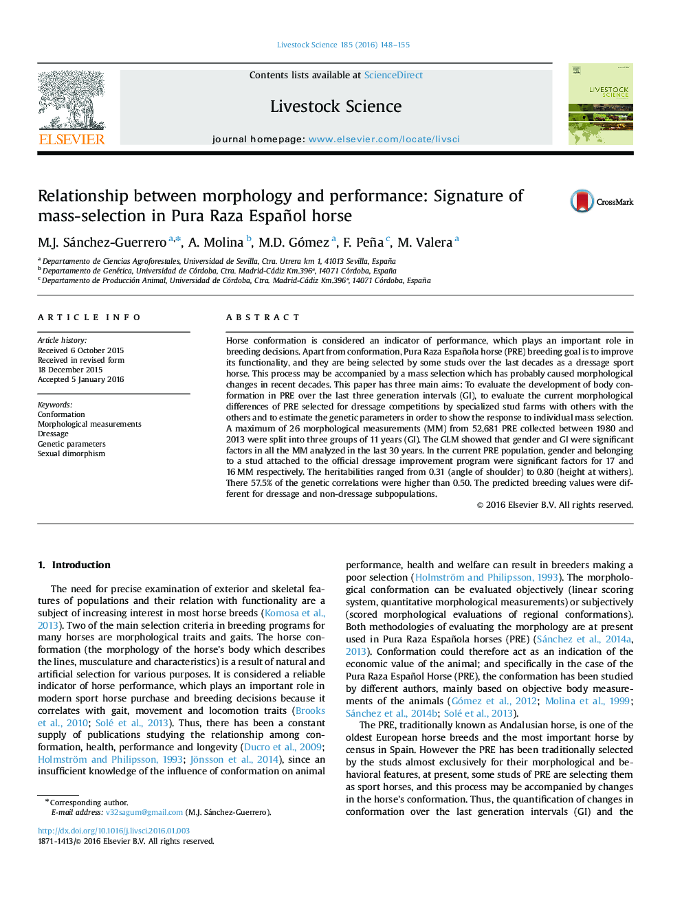 Relationship between morphology and performance: Signature of mass-selection in Pura Raza Español horse