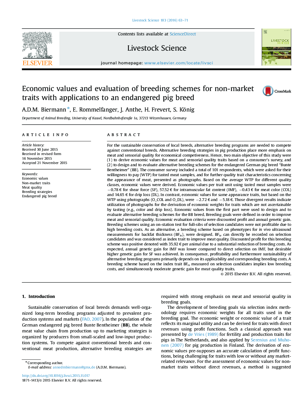 Economic values and evaluation of breeding schemes for non-market traits with applications to an endangered pig breed