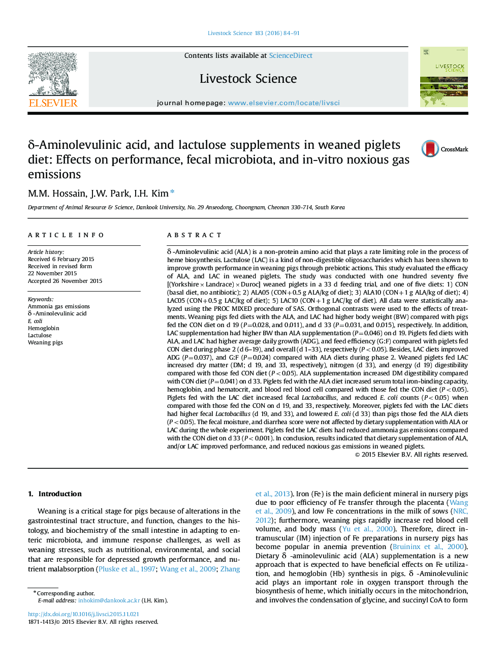 δ-Aminolevulinic acid, and lactulose supplements in weaned piglets diet: Effects on performance, fecal microbiota, and in-vitro noxious gas emissions