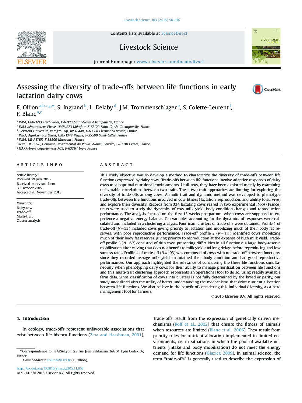 Assessing the diversity of trade-offs between life functions in early lactation dairy cows