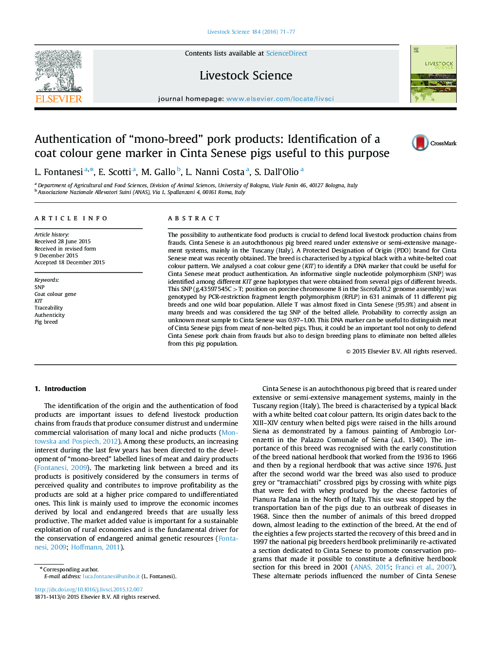 Authentication of “mono-breed” pork products: Identification of a coat colour gene marker in Cinta Senese pigs useful to this purpose