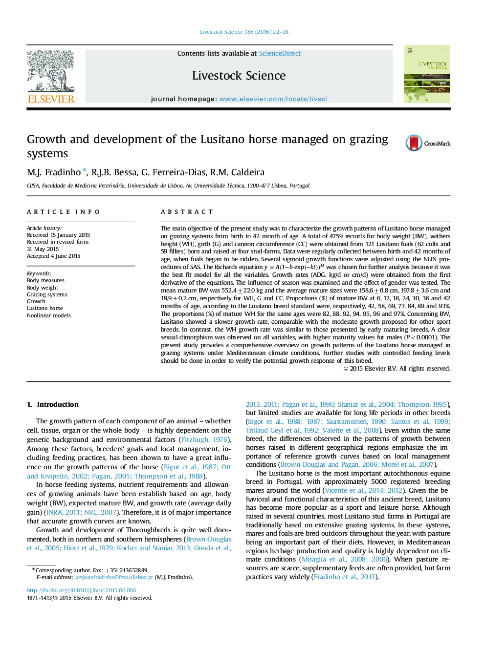 Growth and development of the Lusitano horse managed on grazing systems