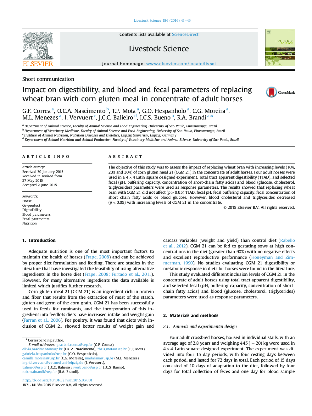 Impact on digestibility, and blood and fecal parameters of replacing wheat bran with corn gluten meal in concentrate of adult horses