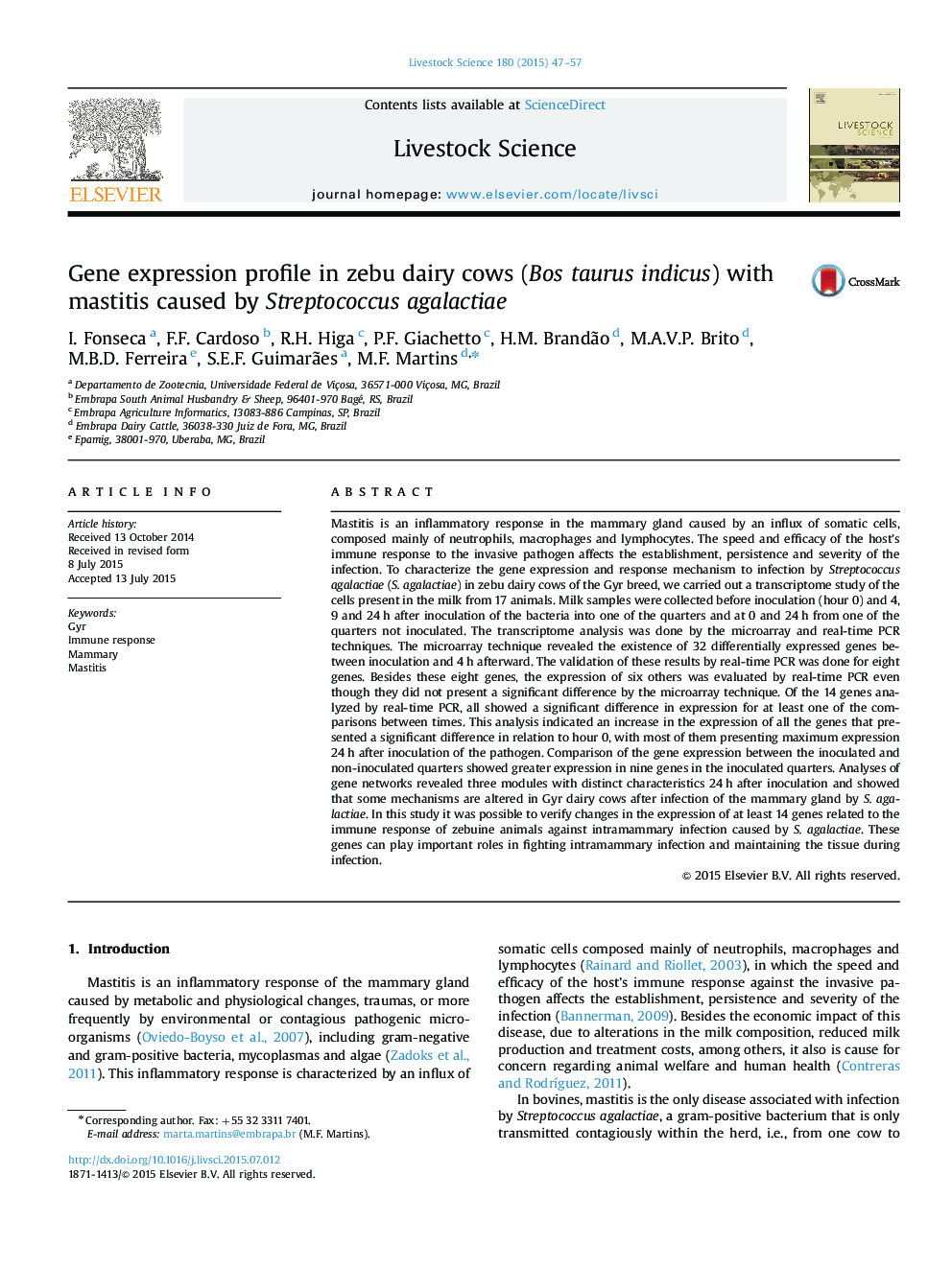 Gene expression profile in zebu dairy cows (Bos taurus indicus) with mastitis caused by Streptococcus agalactiae