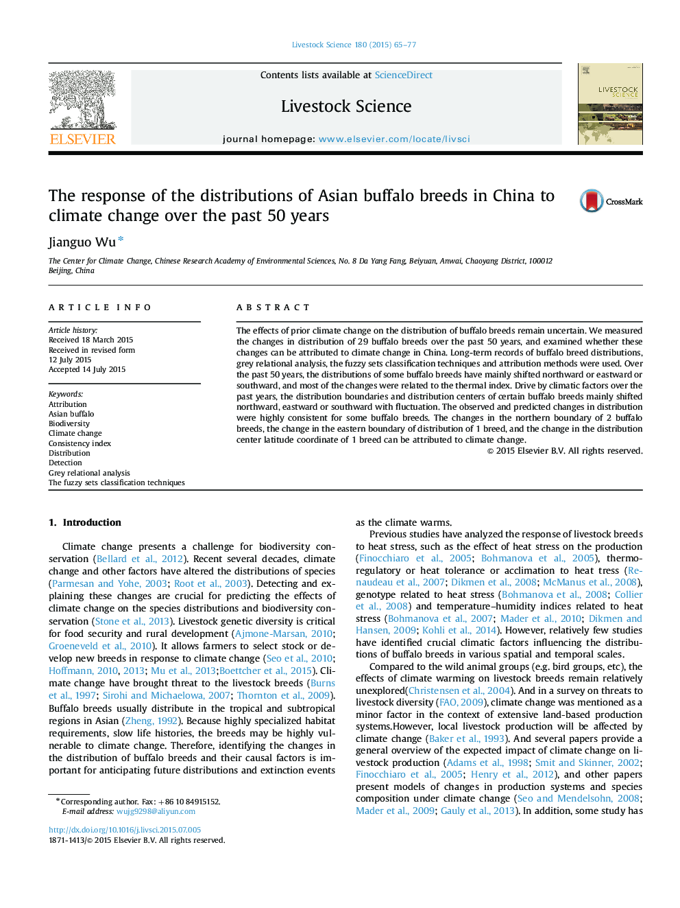 The response of the distributions of Asian buffalo breeds in China to climate change over the past 50 years