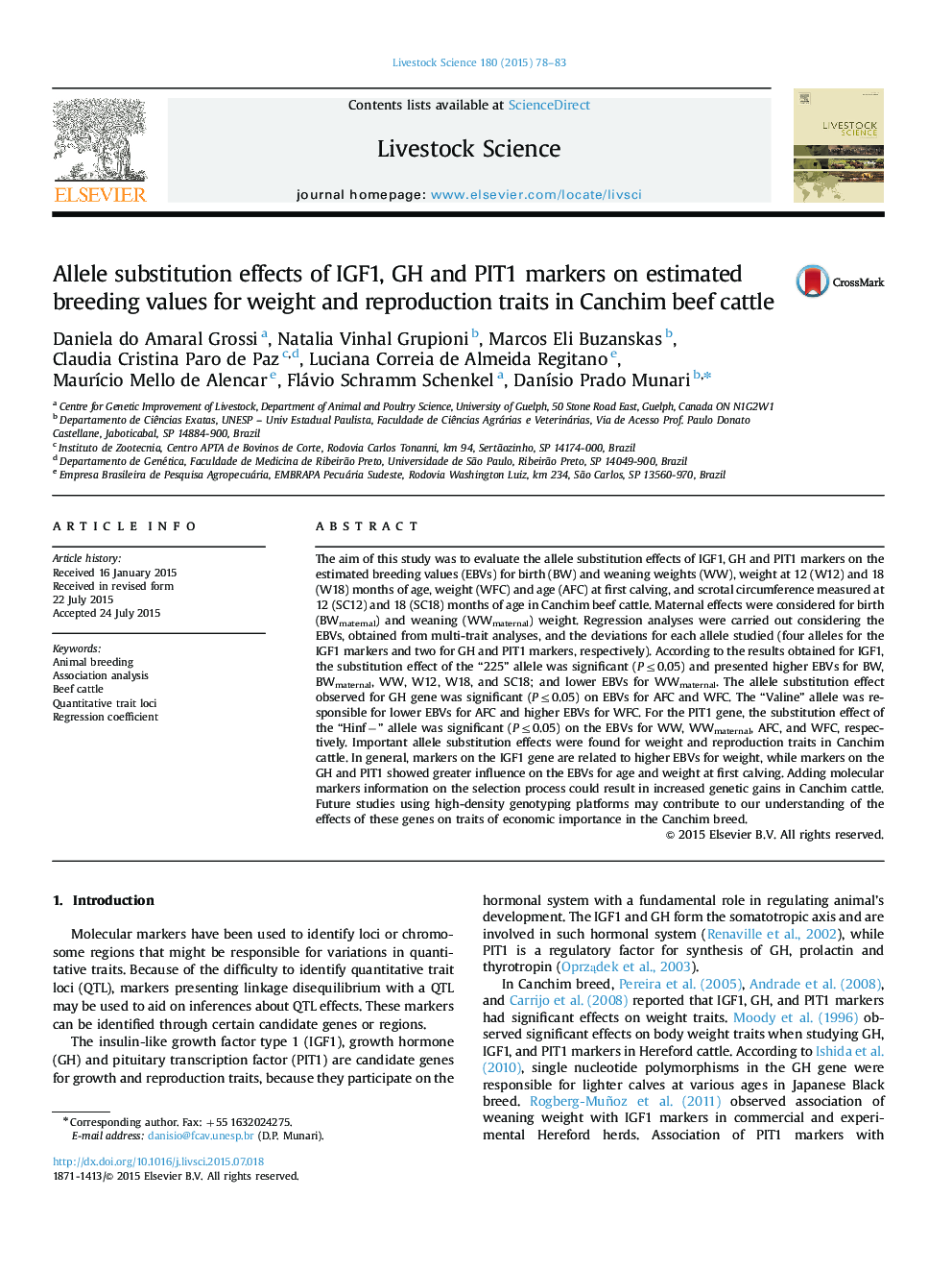 Allele substitution effects of IGF1, GH and PIT1 markers on estimated breeding values for weight and reproduction traits in Canchim beef cattle