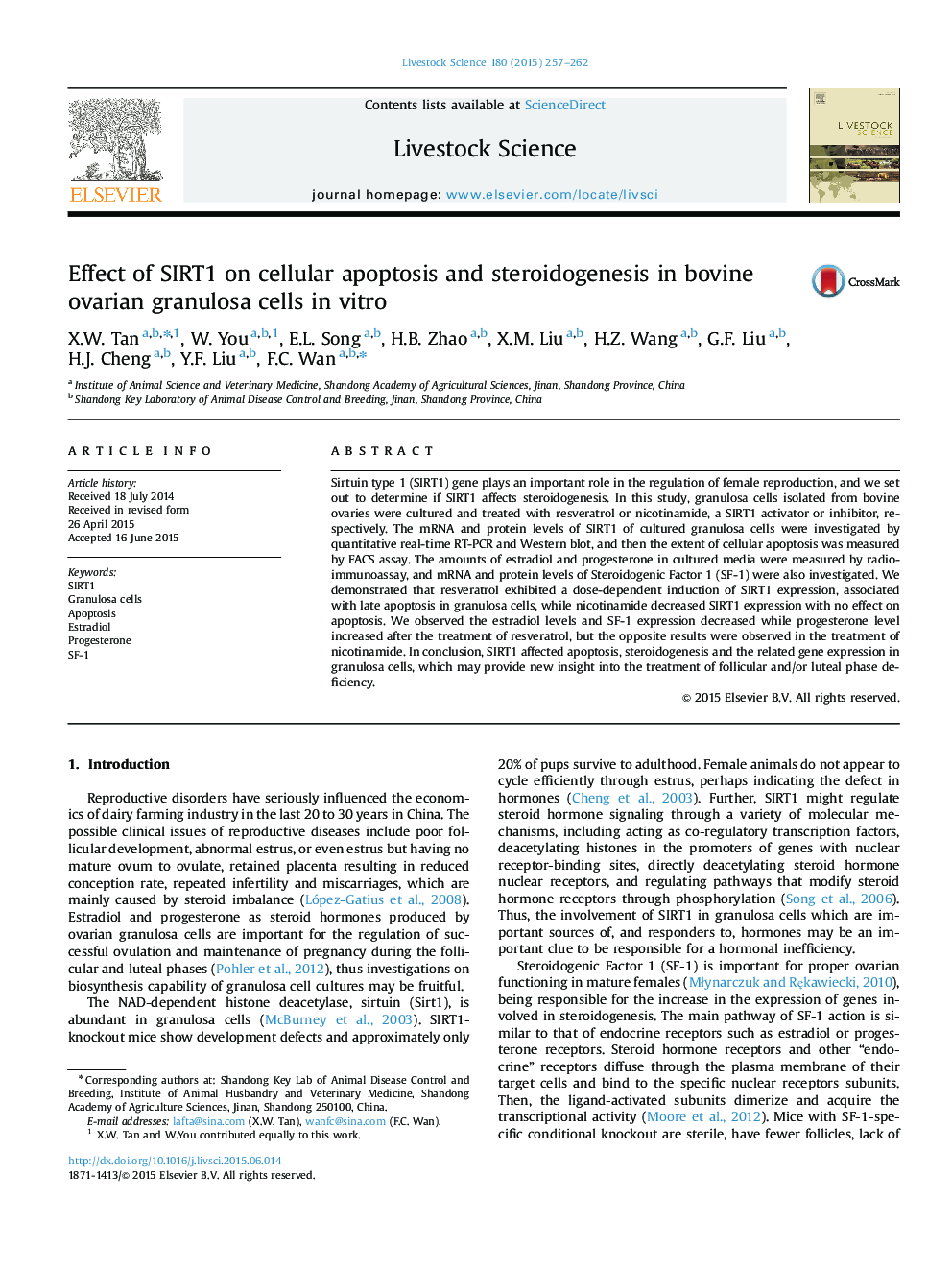 Effect of SIRT1 on cellular apoptosis and steroidogenesis in bovine ovarian granulosa cells in vitro