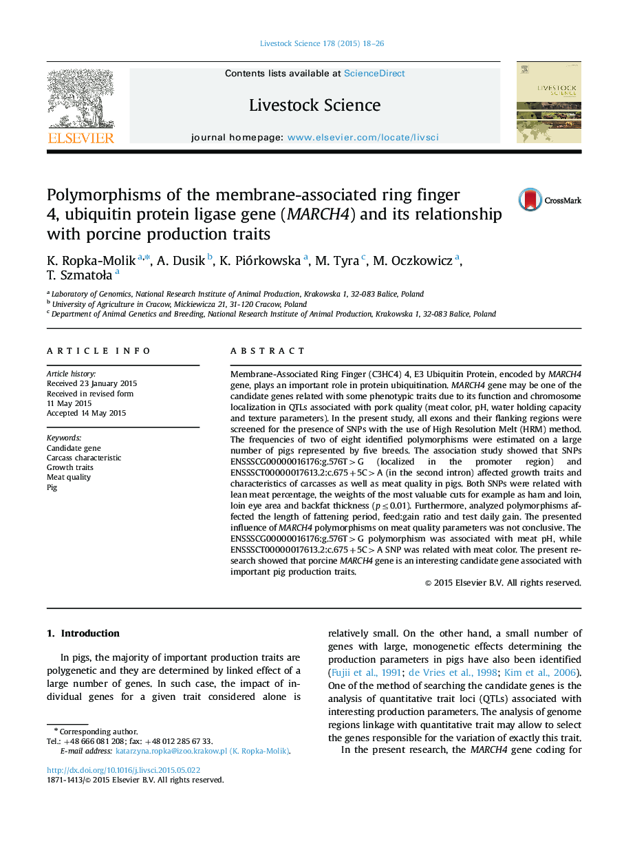 Polymorphisms of the membrane-associated ring finger 4, ubiquitin protein ligase gene (MARCH4) and its relationship with porcine production traits