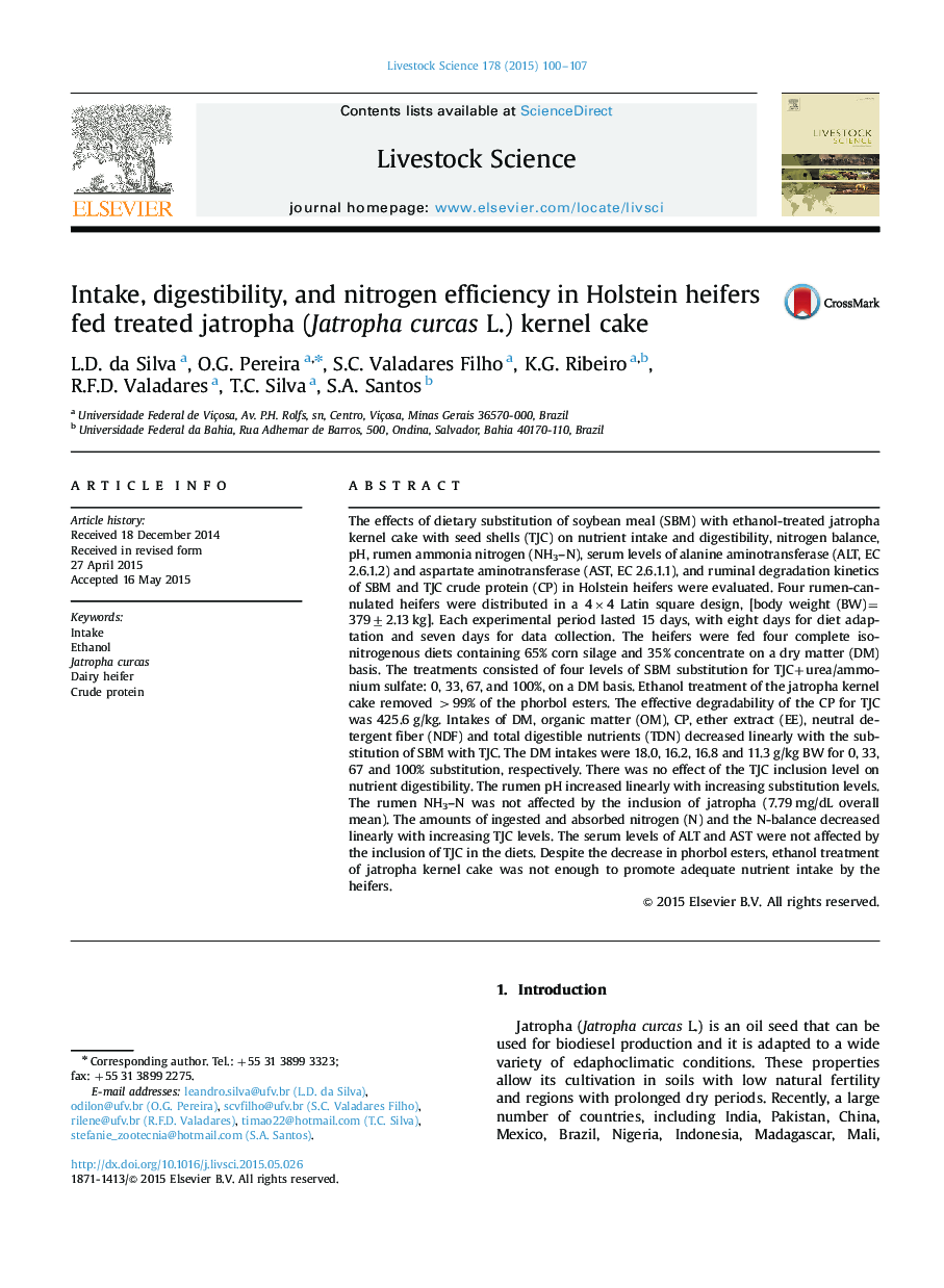 Intake, digestibility, and nitrogen efficiency in Holstein heifers fed treated jatropha (Jatropha curcas L.) kernel cake