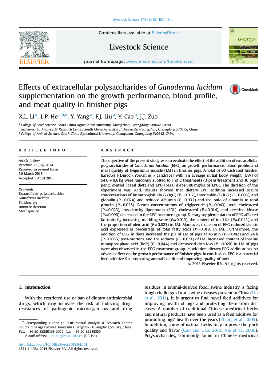 Effects of extracellular polysaccharides of Ganoderma lucidum supplementation on the growth performance, blood profile, and meat quality in finisher pigs