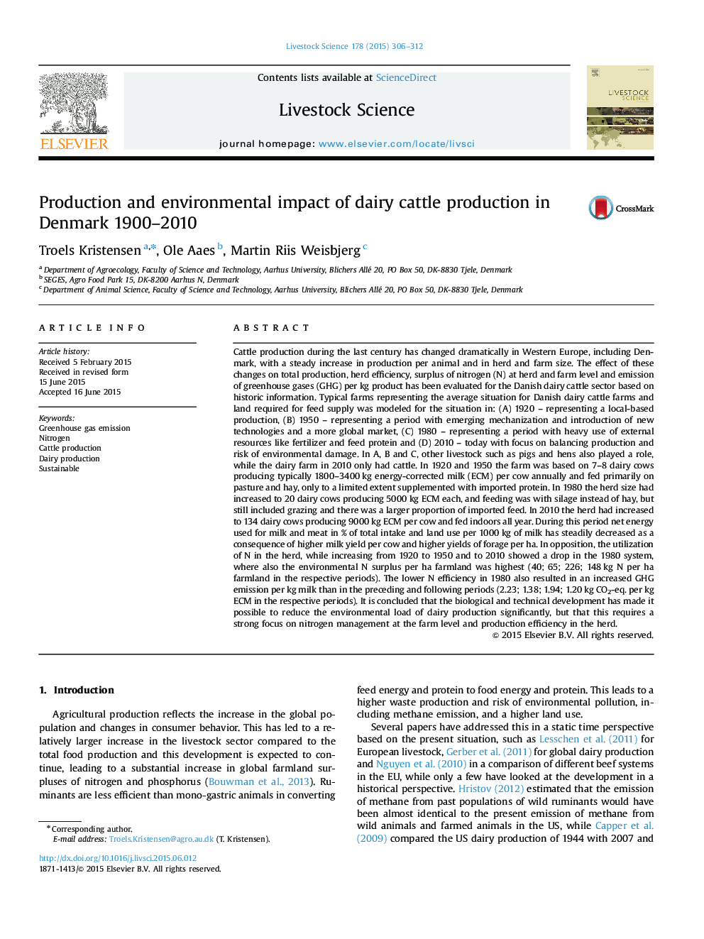تولید و تاثیرات زیست محیطی تولید گاوهای شیری در دانمارک 1900 سال 2010 