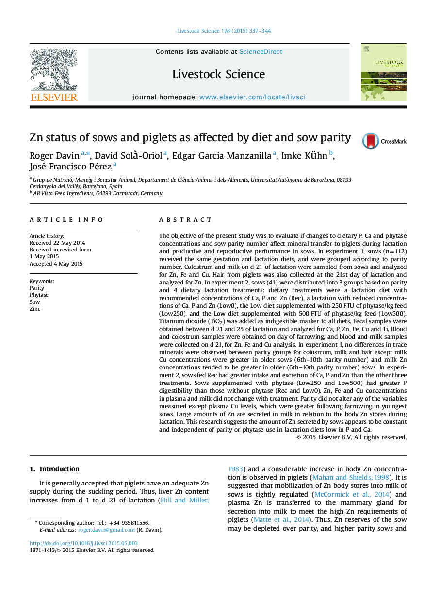 Zn status of sows and piglets as affected by diet and sow parity