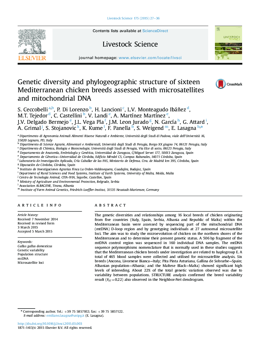 Genetic diversity and phylogeographic structure of sixteen Mediterranean chicken breeds assessed with microsatellites and mitochondrial DNA