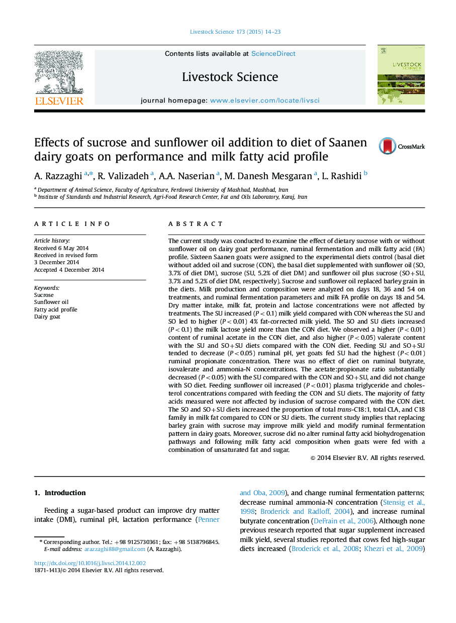 Effects of sucrose and sunflower oil addition to diet of Saanen dairy goats on performance and milk fatty acid profile