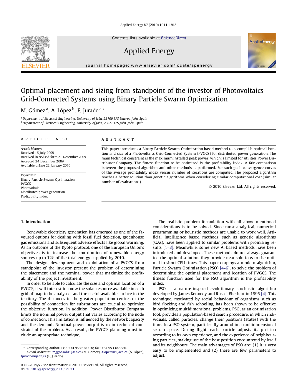 Optimal placement and sizing from standpoint of the investor of Photovoltaics Grid-Connected Systems using Binary Particle Swarm Optimization