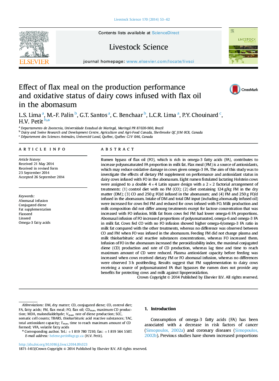 تأثیر غذای کتان بر عملکرد تولید و وضعیت اکسیداتیو گاوهای شیری که با روغن کتان در آبوموش 