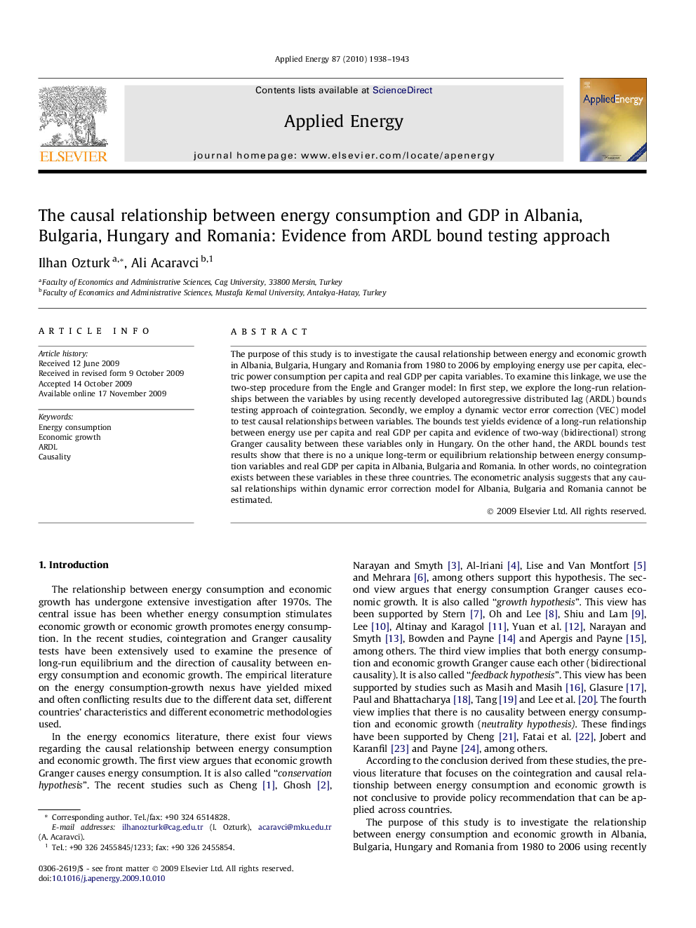 The causal relationship between energy consumption and GDP in Albania, Bulgaria, Hungary and Romania: Evidence from ARDL bound testing approach