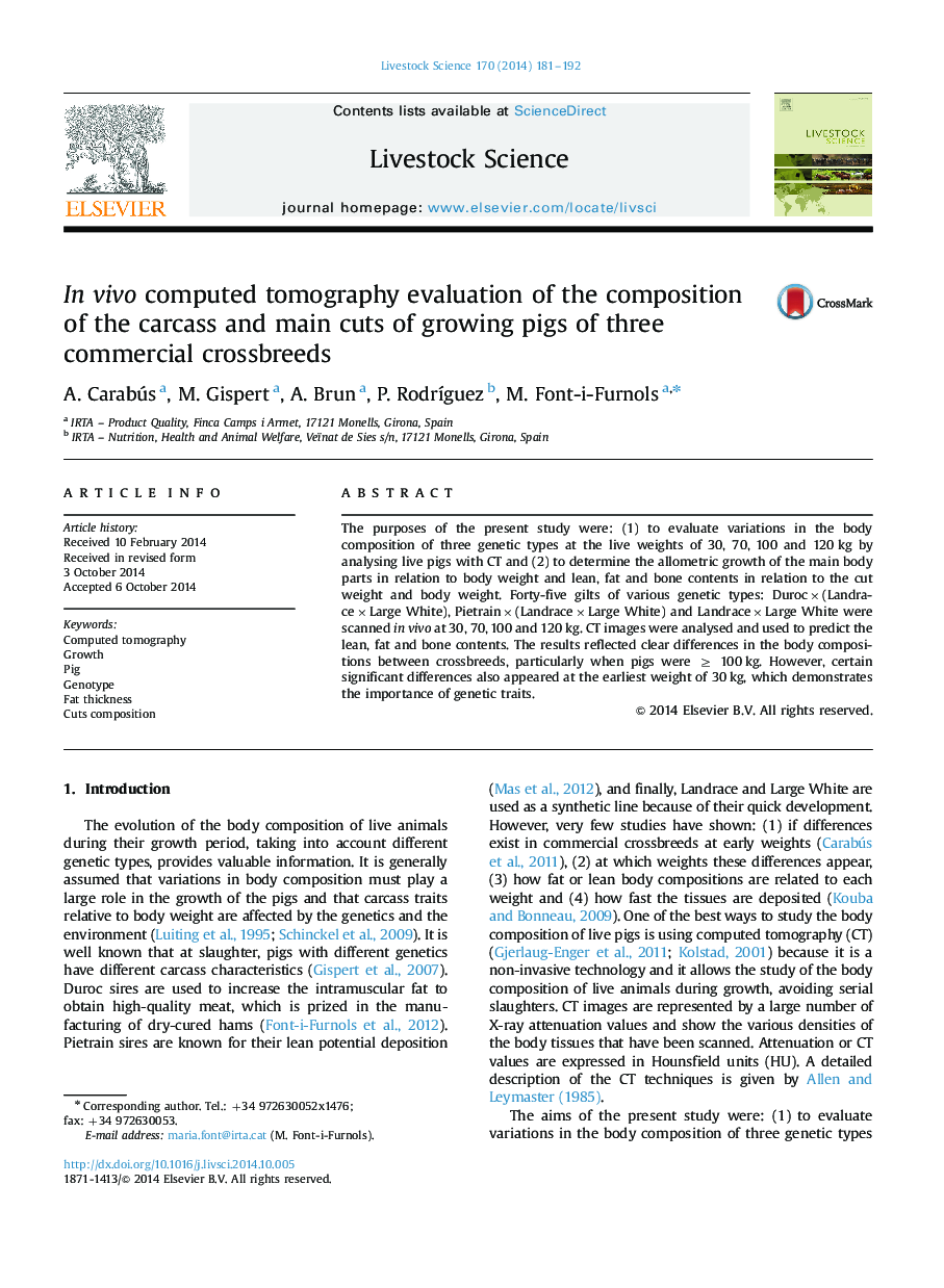In vivo computed tomography evaluation of the composition of the carcass and main cuts of growing pigs of three commercial crossbreeds