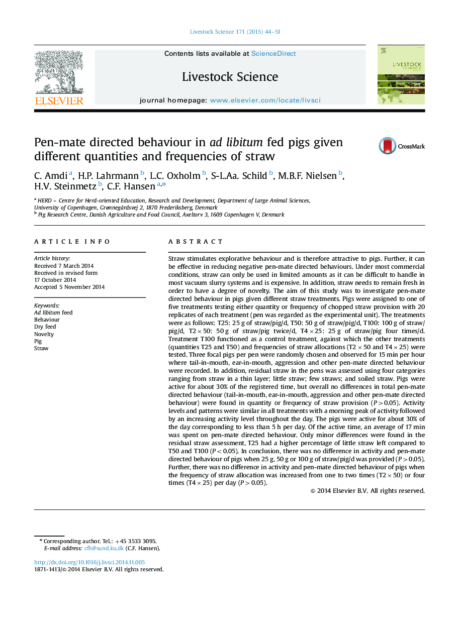 Pen-mate directed behaviour in ad libitum fed pigs given different quantities and frequencies of straw