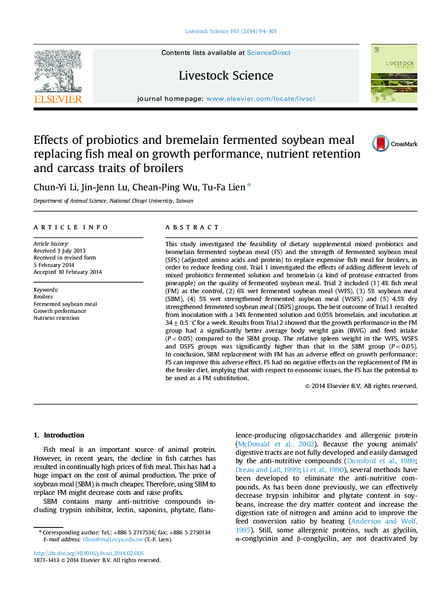 Effects of probiotics and bremelain fermented soybean meal replacing fish meal on growth performance, nutrient retention and carcass traits of broilers