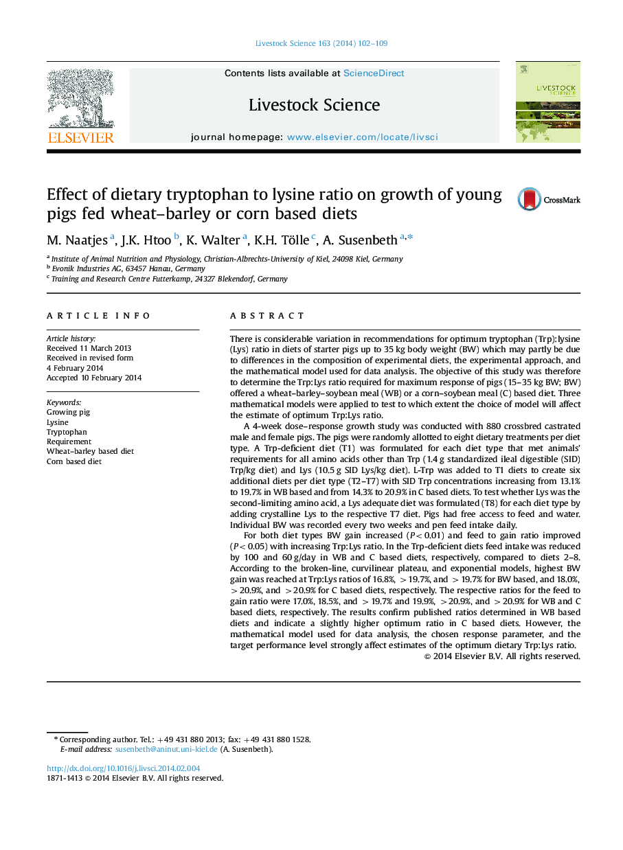 تأثیر رژیم غذایی تریپتوفان به نسبت لیزین بر رشد خوک های جوان تغذیه گندم جو یا رژیم غذایی مبتنی بر ذرت 