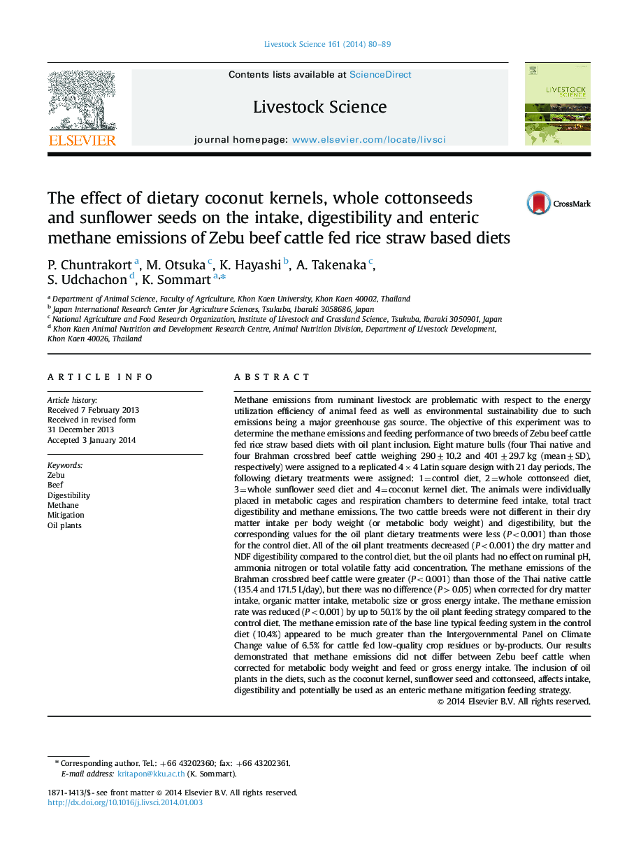 The effect of dietary coconut kernels, whole cottonseeds and sunflower seeds on the intake, digestibility and enteric methane emissions of Zebu beef cattle fed rice straw based diets