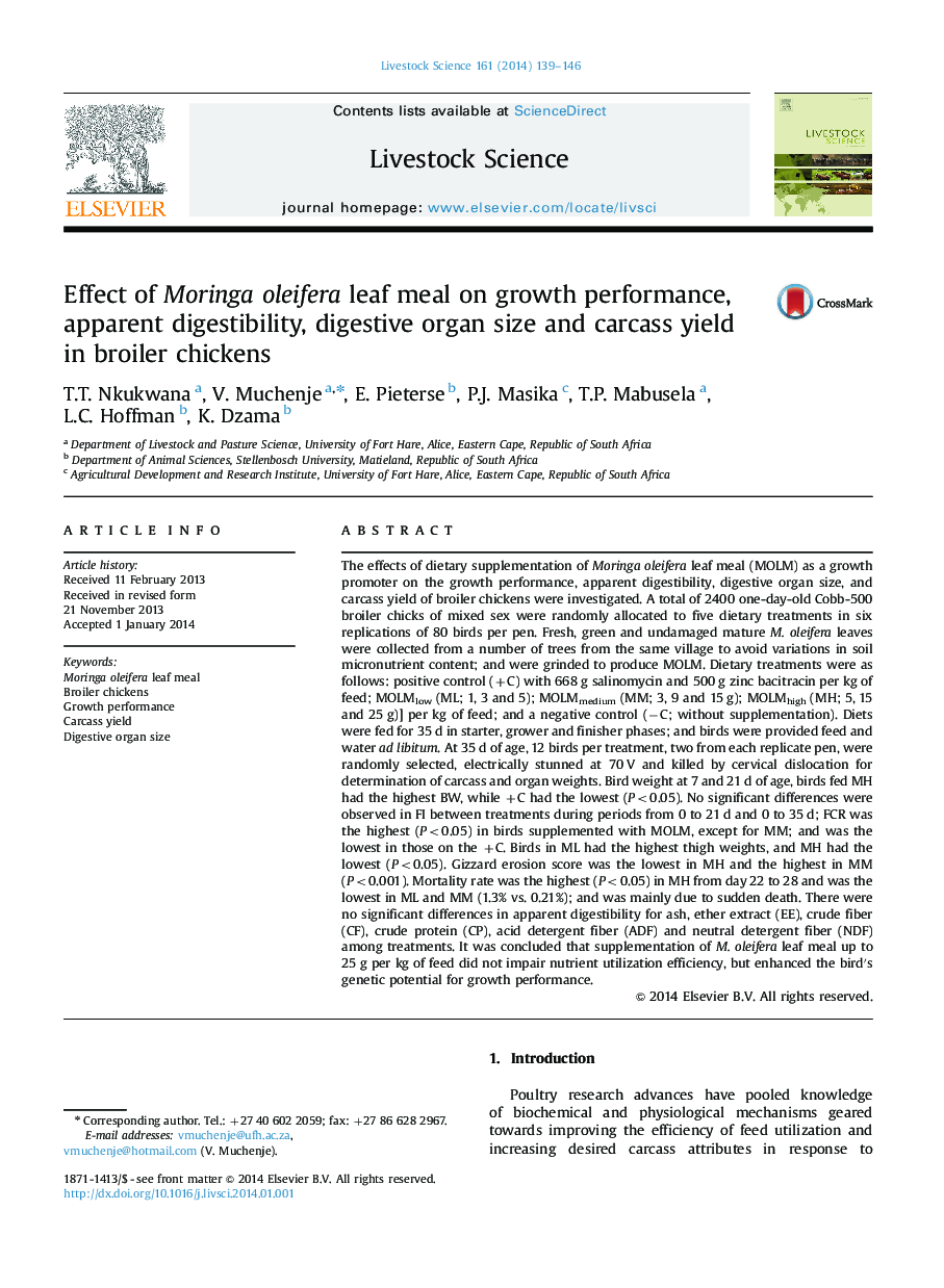 Effect of Moringa oleifera leaf meal on growth performance, apparent digestibility, digestive organ size and carcass yield in broiler chickens