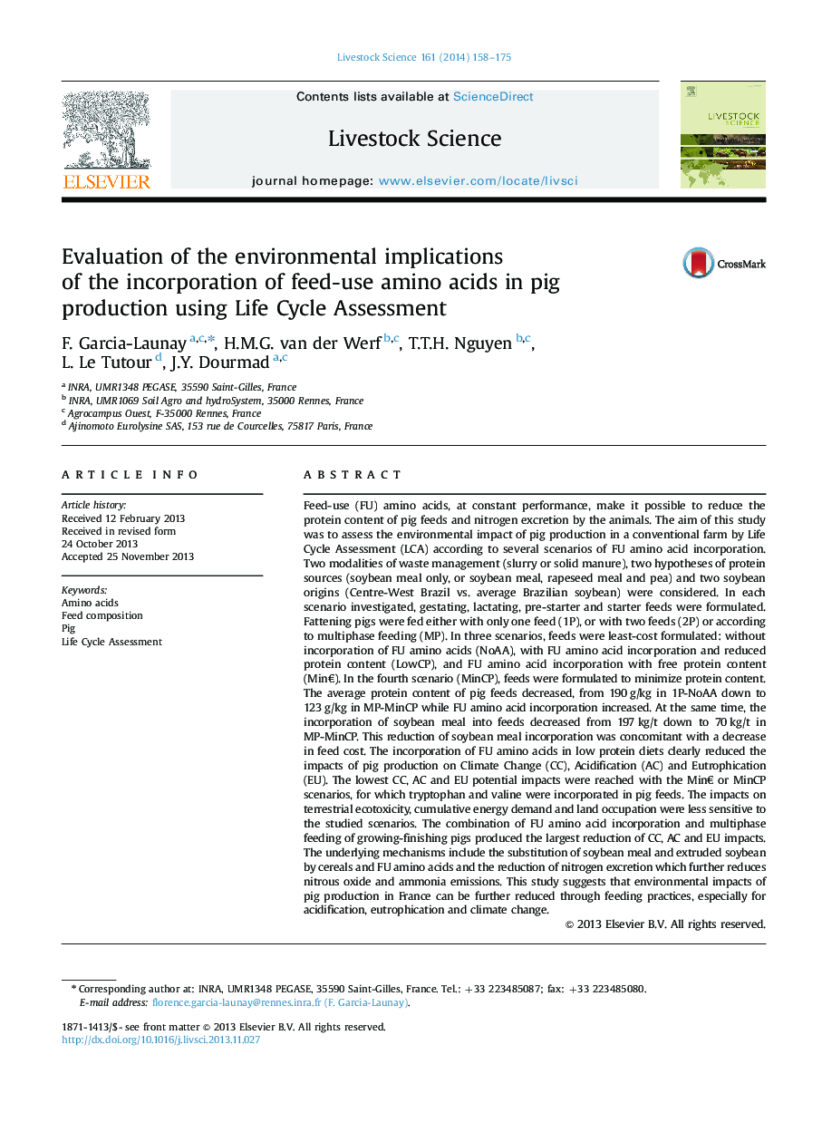 Evaluation of the environmental implications of the incorporation of feed-use amino acids in pig production using Life Cycle Assessment