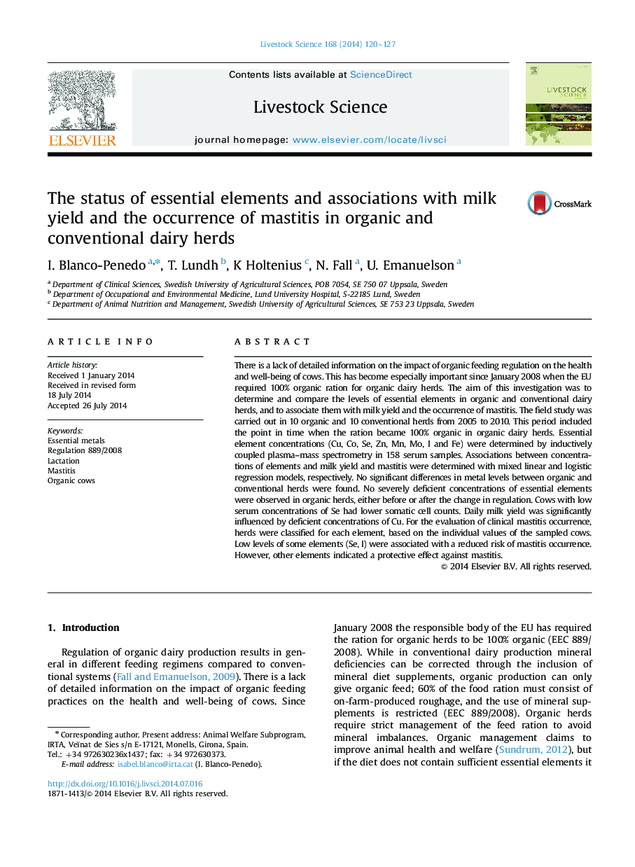 The status of essential elements and associations with milk yield and the occurrence of mastitis in organic and conventional dairy herds