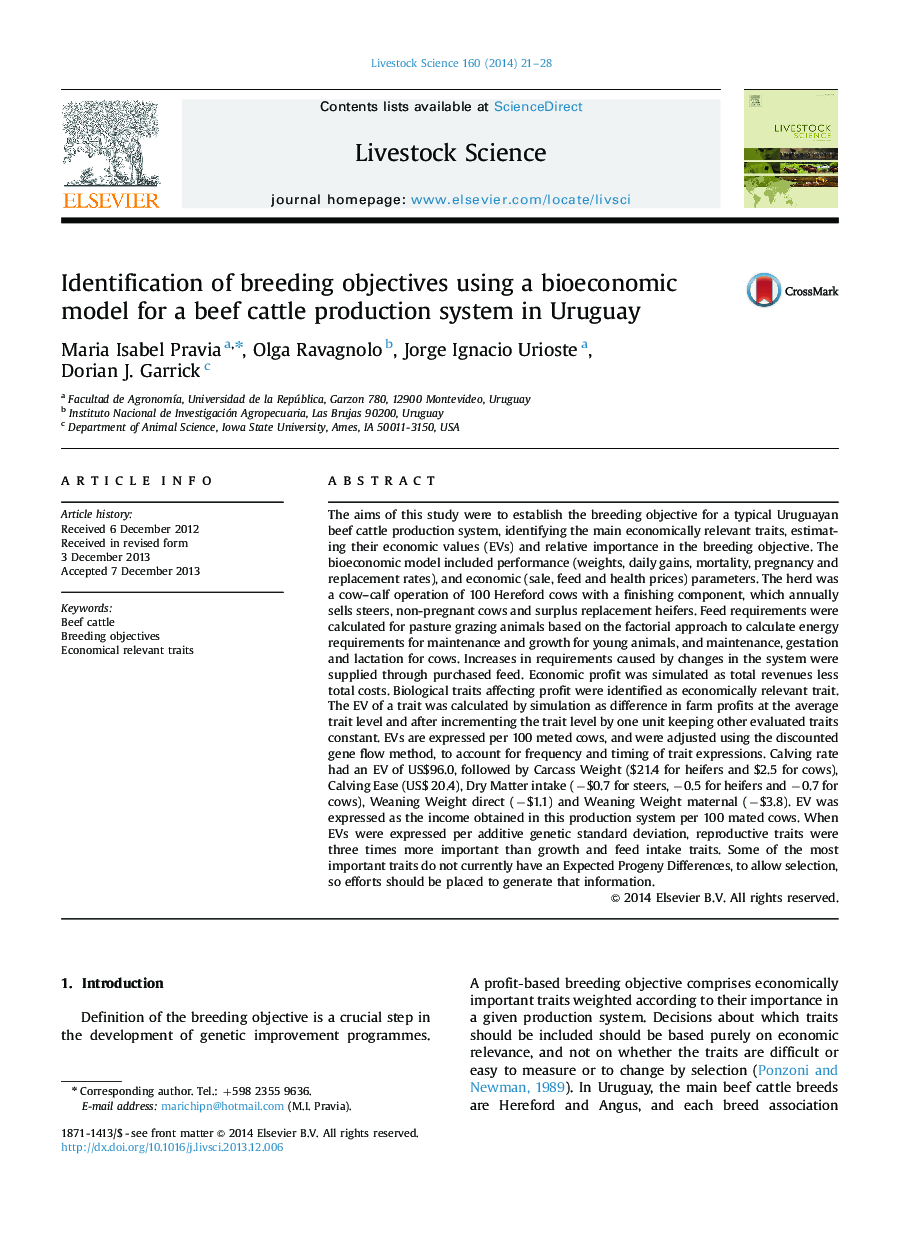 Identification of breeding objectives using a bioeconomic model for a beef cattle production system in Uruguay