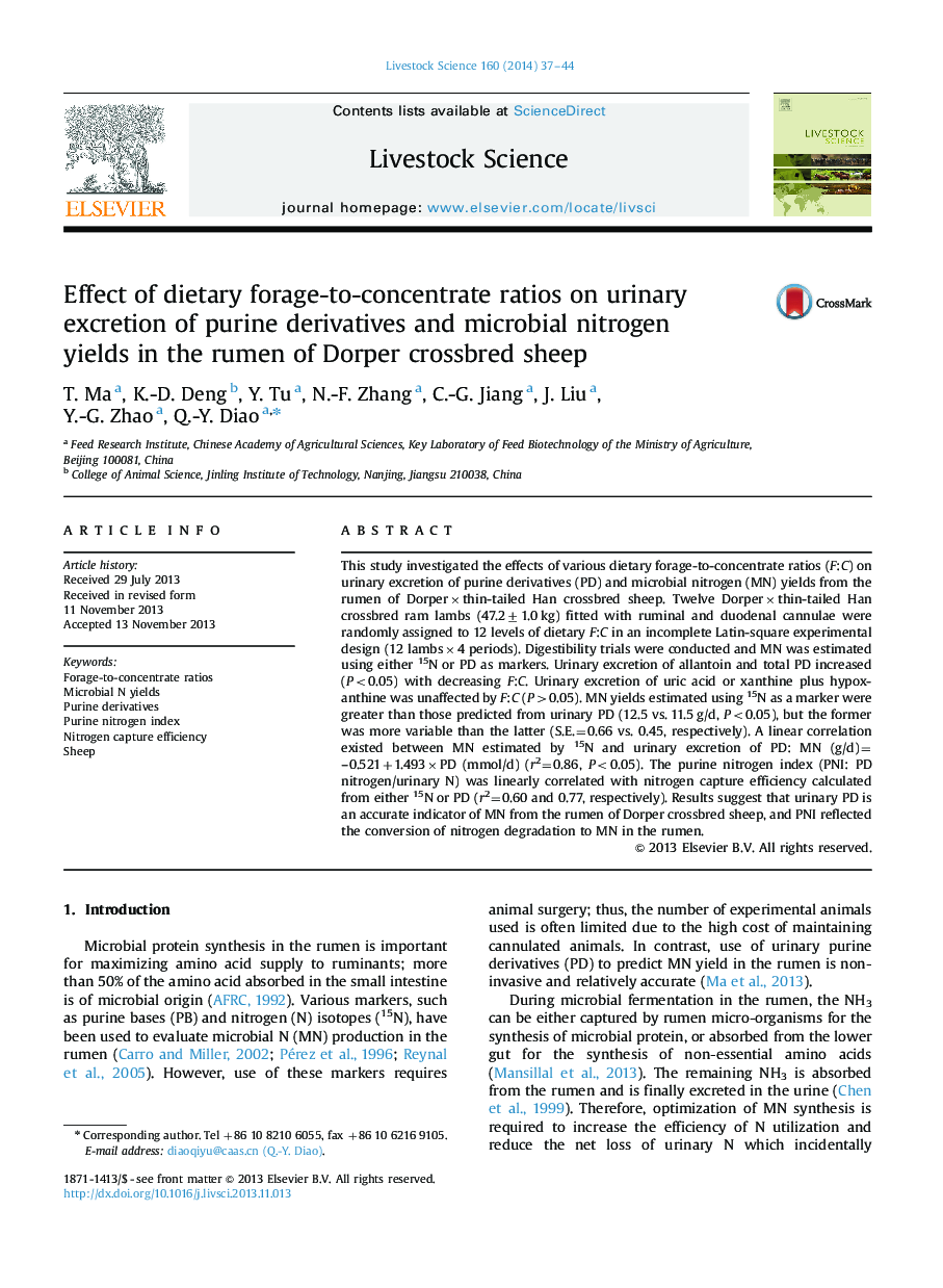 Effect of dietary forage-to-concentrate ratios on urinary excretion of purine derivatives and microbial nitrogen yields in the rumen of Dorper crossbred sheep