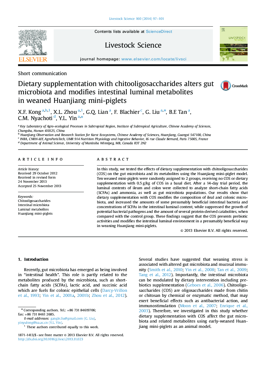 Dietary supplementation with chitooligosaccharides alters gut microbiota and modifies intestinal luminal metabolites in weaned Huanjiang mini-piglets