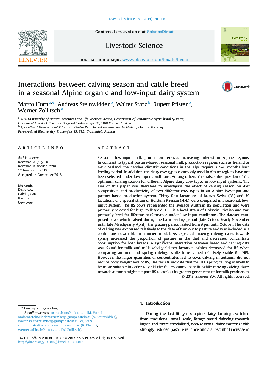 Interactions between calving season and cattle breed in a seasonal Alpine organic and low-input dairy system