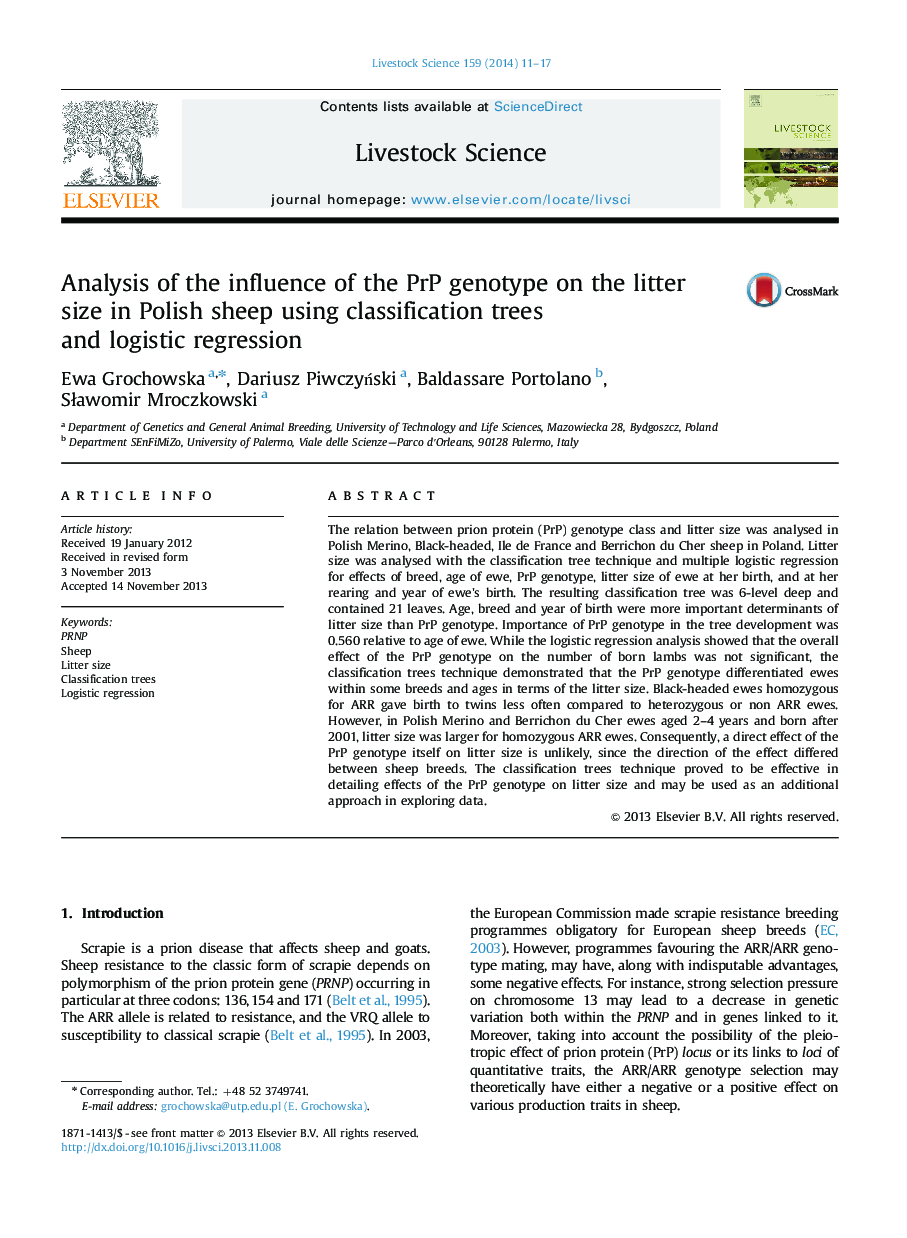 Analysis of the influence of the PrP genotype on the litter size in Polish sheep using classification trees and logistic regression