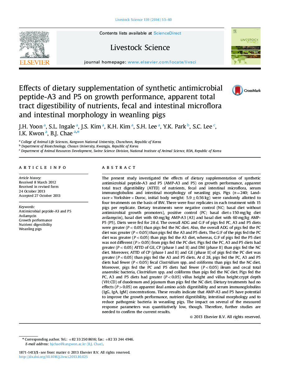 Effects of dietary supplementation of synthetic antimicrobial peptide-A3 and P5 on growth performance, apparent total tract digestibility of nutrients, fecal and intestinal microflora and intestinal morphology in weanling pigs