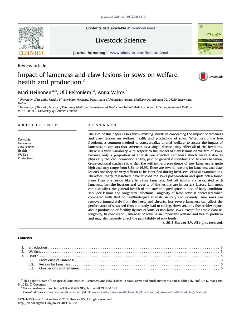 Impact of lameness and claw lesions in sows on welfare, health and production 