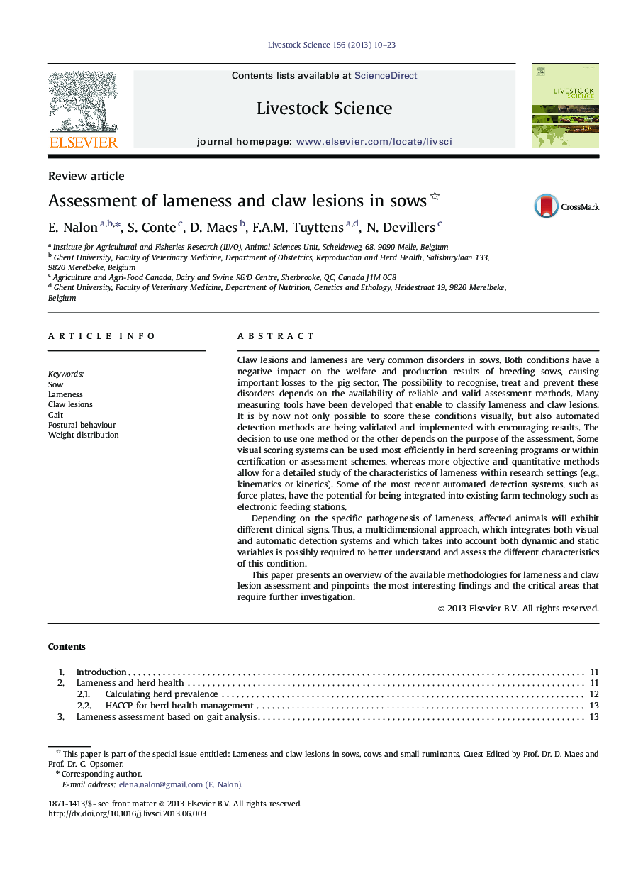 Assessment of lameness and claw lesions in sows 