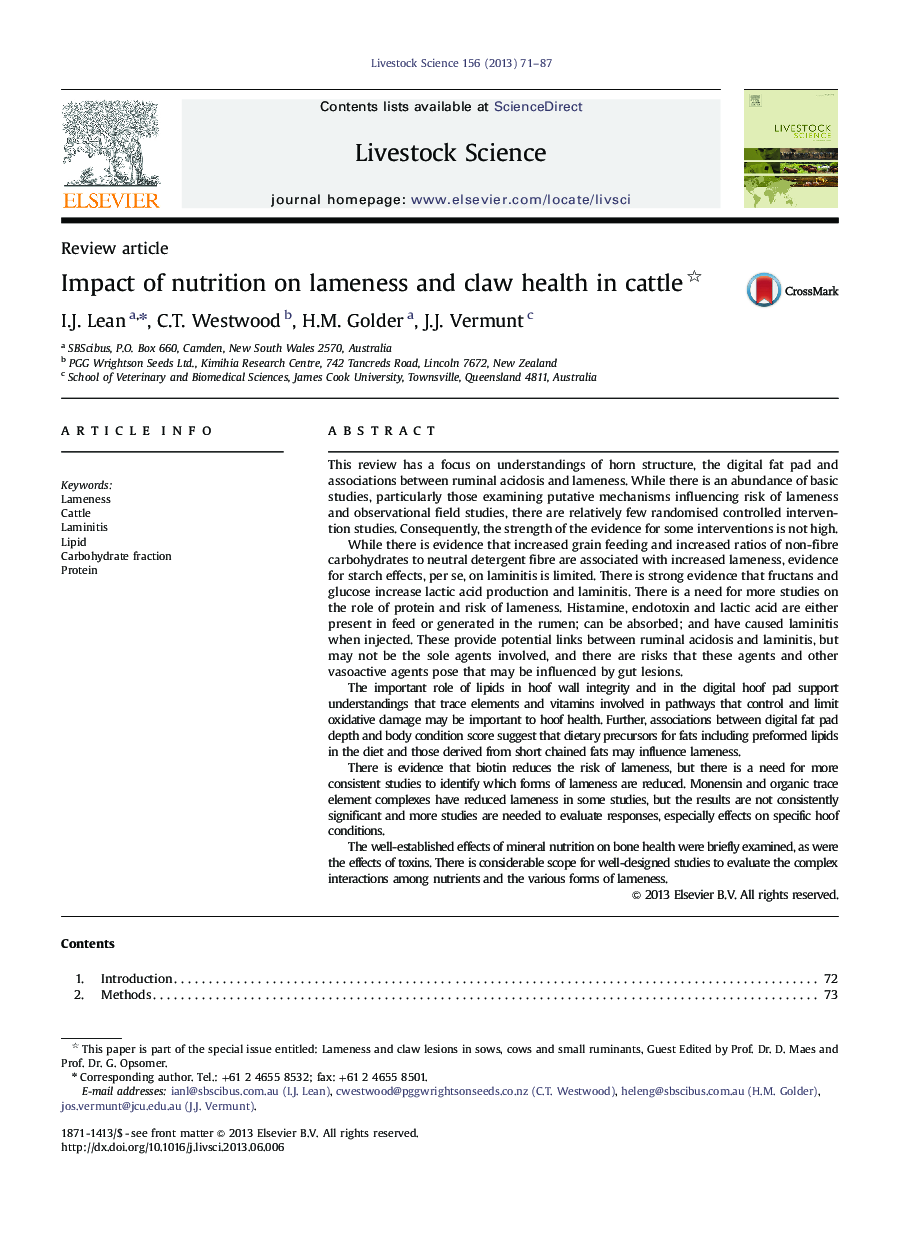 Impact of nutrition on lameness and claw health in cattle 