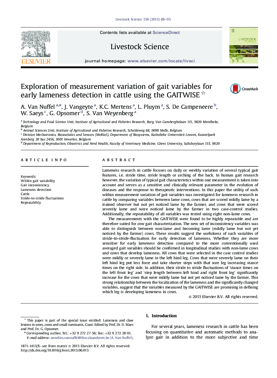 Exploration of measurement variation of gait variables for early lameness detection in cattle using the GAITWISE 