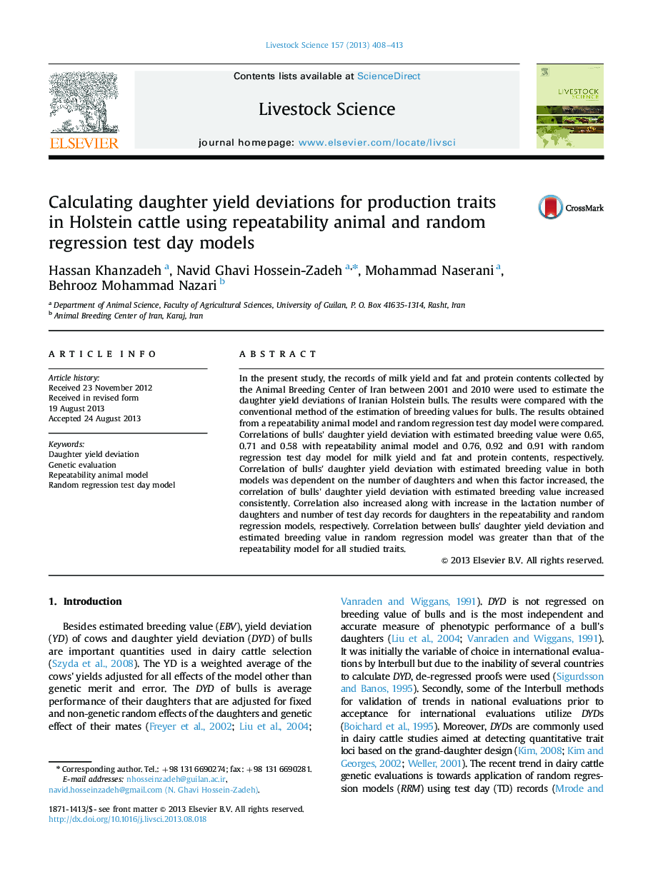 Calculating daughter yield deviations for production traits in Holstein cattle using repeatability animal and random regression test day models