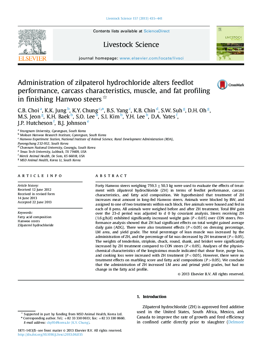 Administration of zilpaterol hydrochloride alters feedlot performance, carcass characteristics, muscle, and fat profiling in finishing Hanwoo steers 