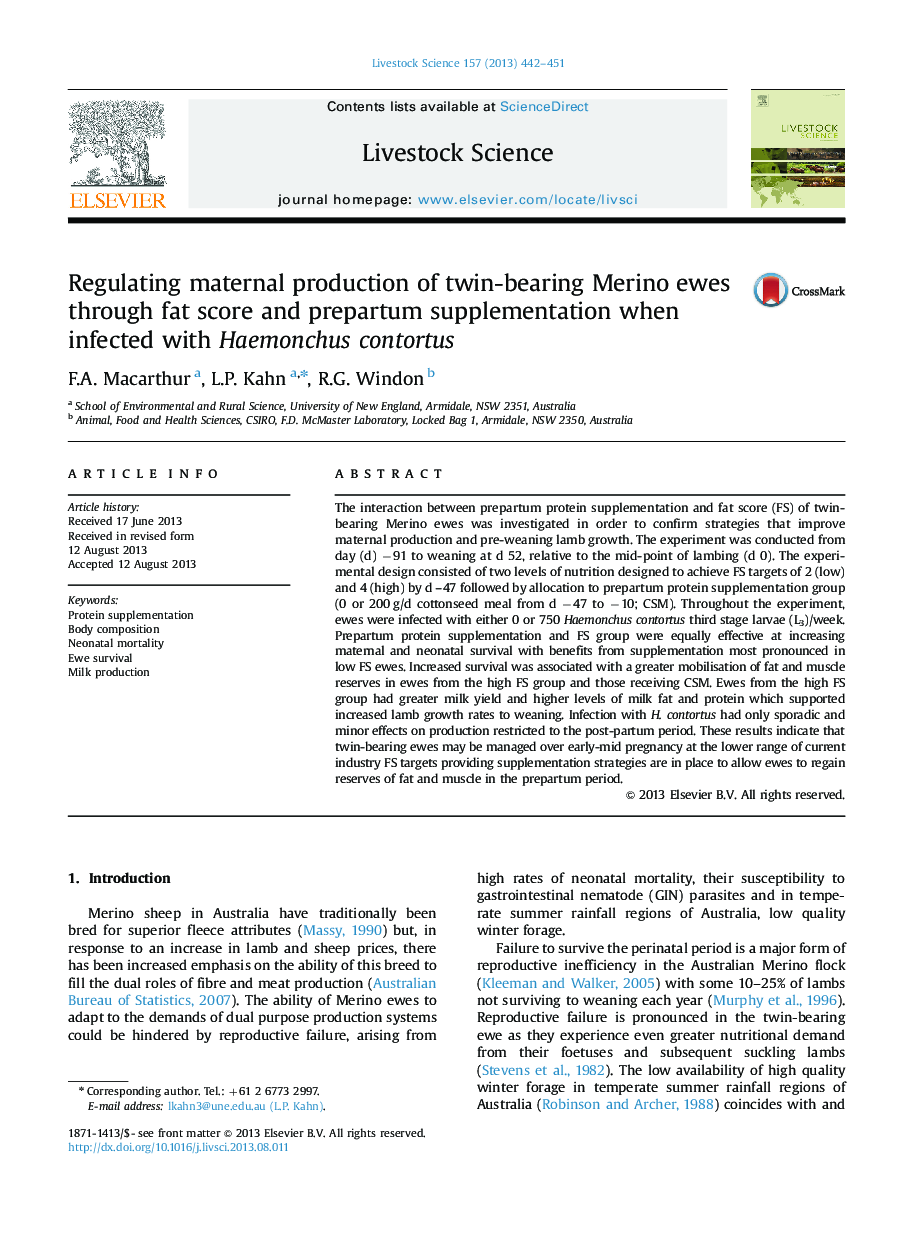 Regulating maternal production of twin-bearing Merino ewes through fat score and prepartum supplementation when infected with Haemonchus contortus