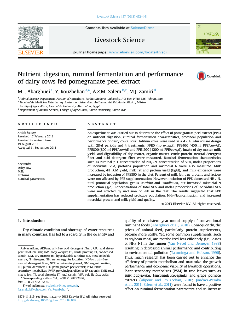 Nutrient digestion, ruminal fermentation and performance of dairy cows fed pomegranate peel extract