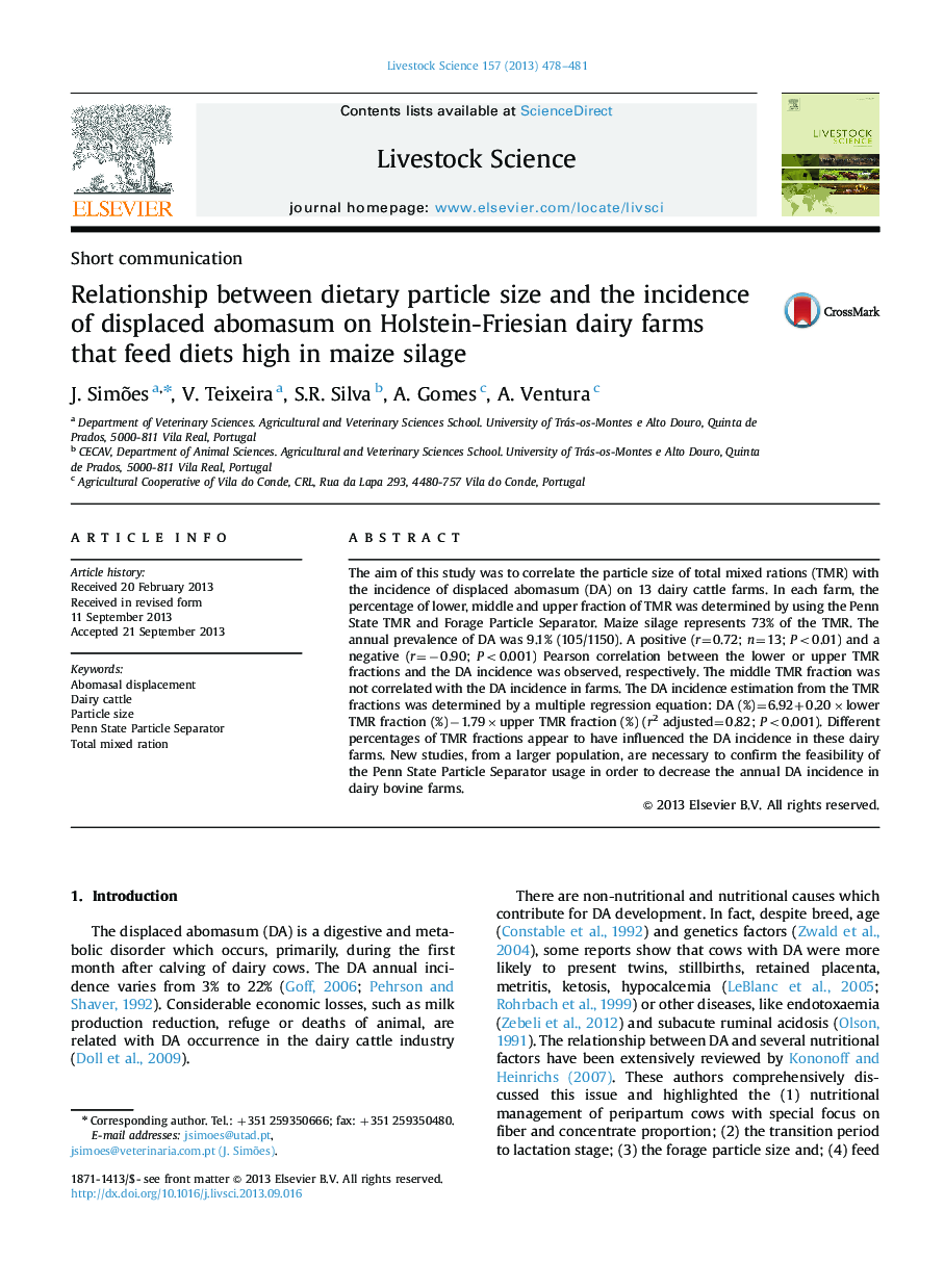 Relationship between dietary particle size and the incidence of displaced abomasum on Holstein-Friesian dairy farms that feed diets high in maize silage