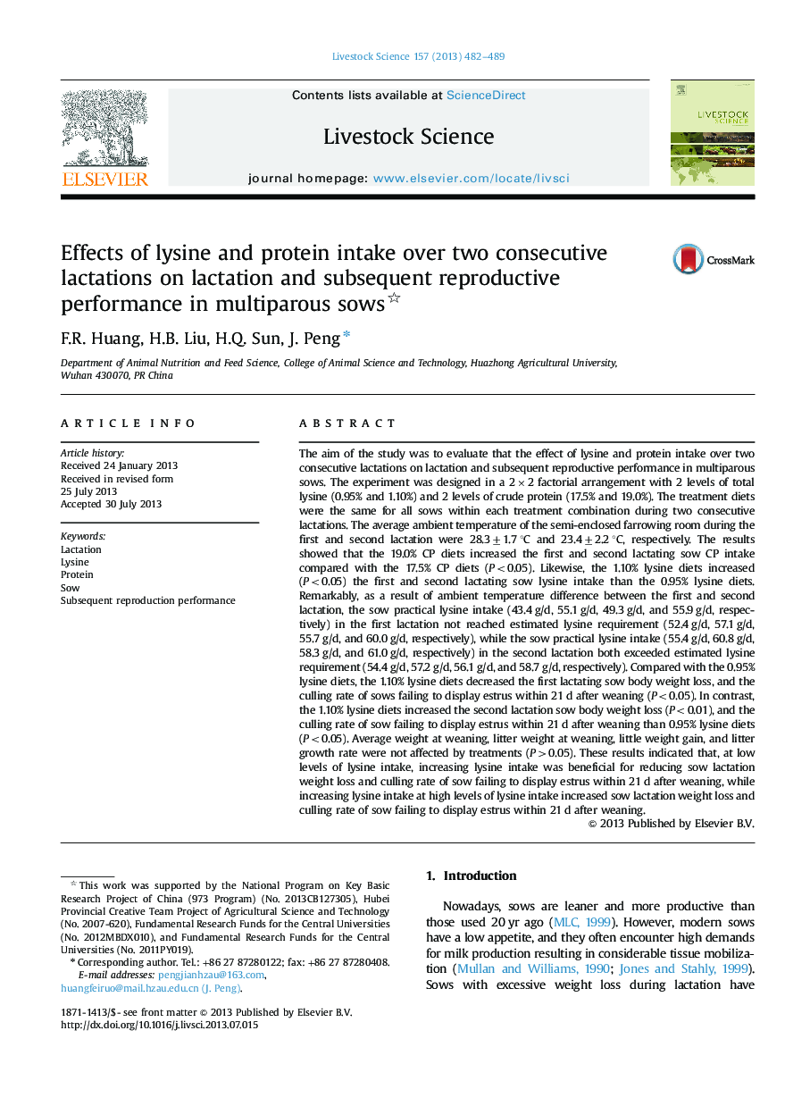 Effects of lysine and protein intake over two consecutive lactations on lactation and subsequent reproductive performance in multiparous sows 